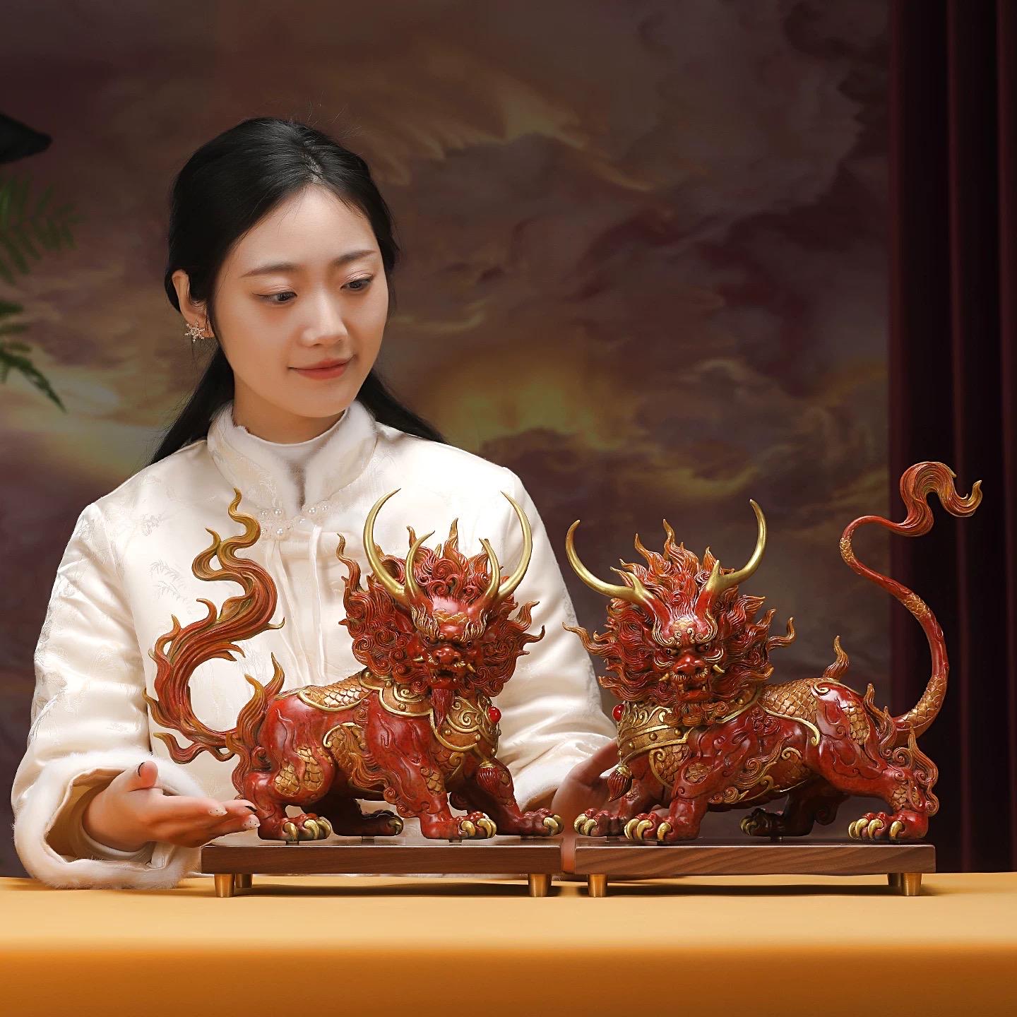 Handcrafted Brass Qilin Statues Pair - Mythical Kirin Sculpture for Home Office Decor, Housewarming & Grand Opening Gift, Feng Shui Art