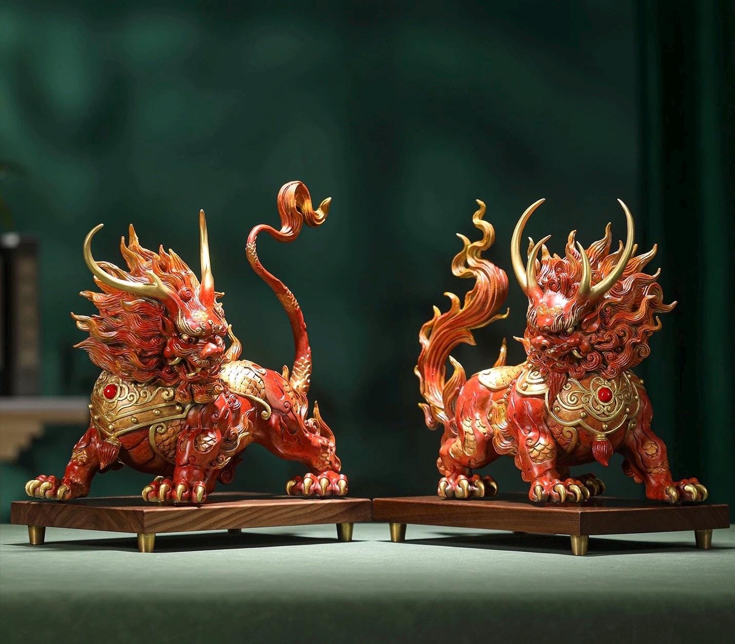 Handcrafted Brass Qilin Statues Pair - Mythical Kirin Sculpture for Home Office Decor, Housewarming & Grand Opening Gift, Feng Shui Art