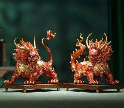 Handcrafted Brass Qilin Statues Pair - Mythical Kirin Sculpture for Home Office Decor, Housewarming & Grand Opening Gift, Feng Shui Art