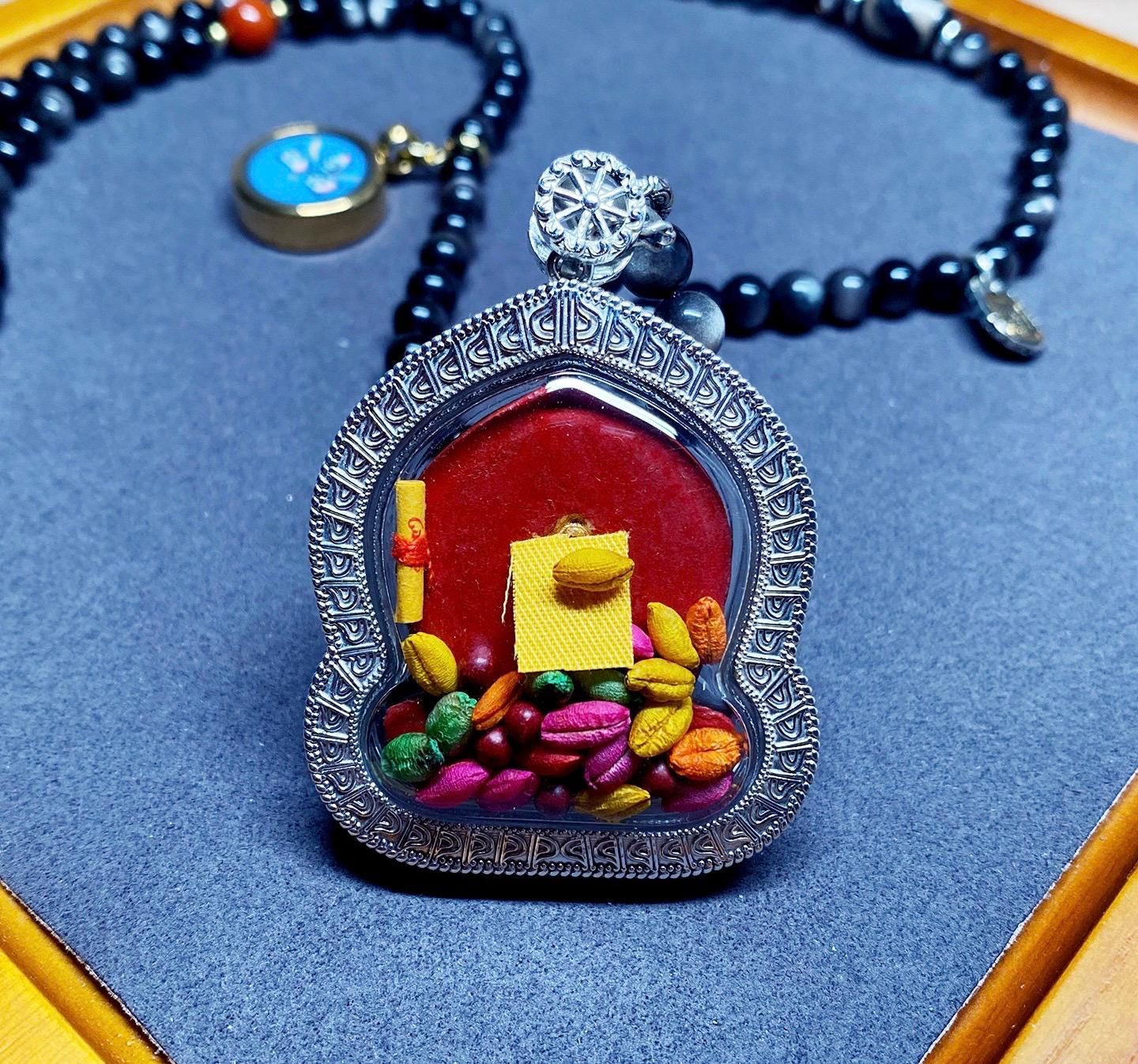 Hand-painted Black Jambhala Medicine Tsatsa Pendant, Sterling Silver Gau Box Necklace, Tibetan Buddhist Mineral Pigment Art