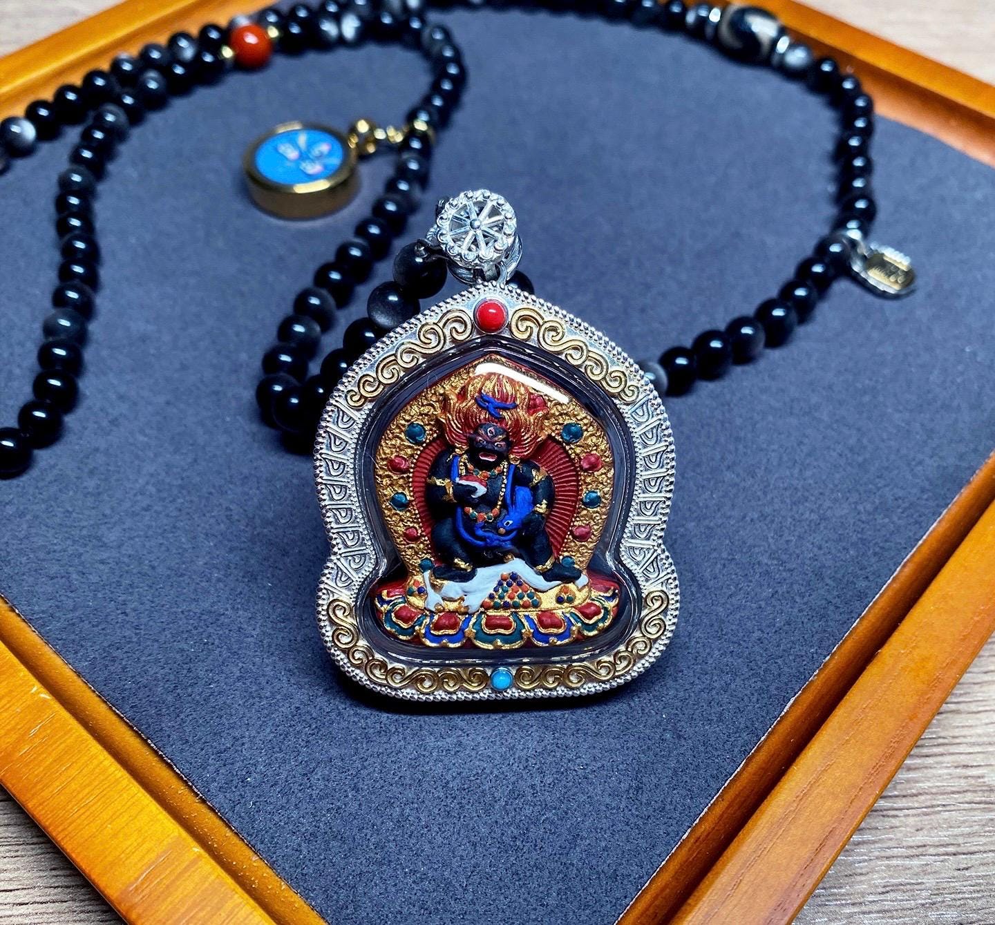 Hand-painted Black Jambhala Medicine Tsatsa Pendant, Sterling Silver Gau Box Necklace, Tibetan Buddhist Mineral Pigment Art
