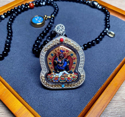 Hand-painted Black Jambhala Medicine Tsatsa Pendant, Sterling Silver Gau Box Necklace, Tibetan Buddhist Mineral Pigment Art