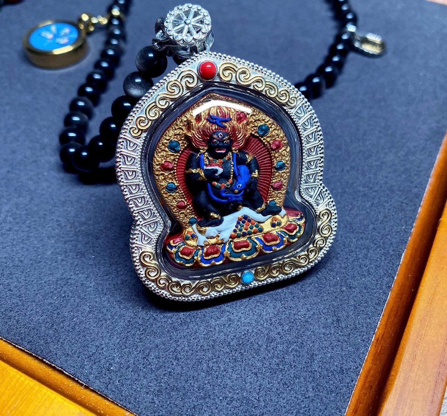 Hand-painted Black Jambhala Medicine Tsatsa Pendant, Sterling Silver Gau Box Necklace, Tibetan Buddhist Mineral Pigment Art