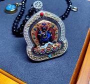 Hand-painted Black Jambhala Medicine Tsatsa Pendant, Sterling Silver Gau Box Necklace, Tibetan Buddhist Mineral Pigment Art
