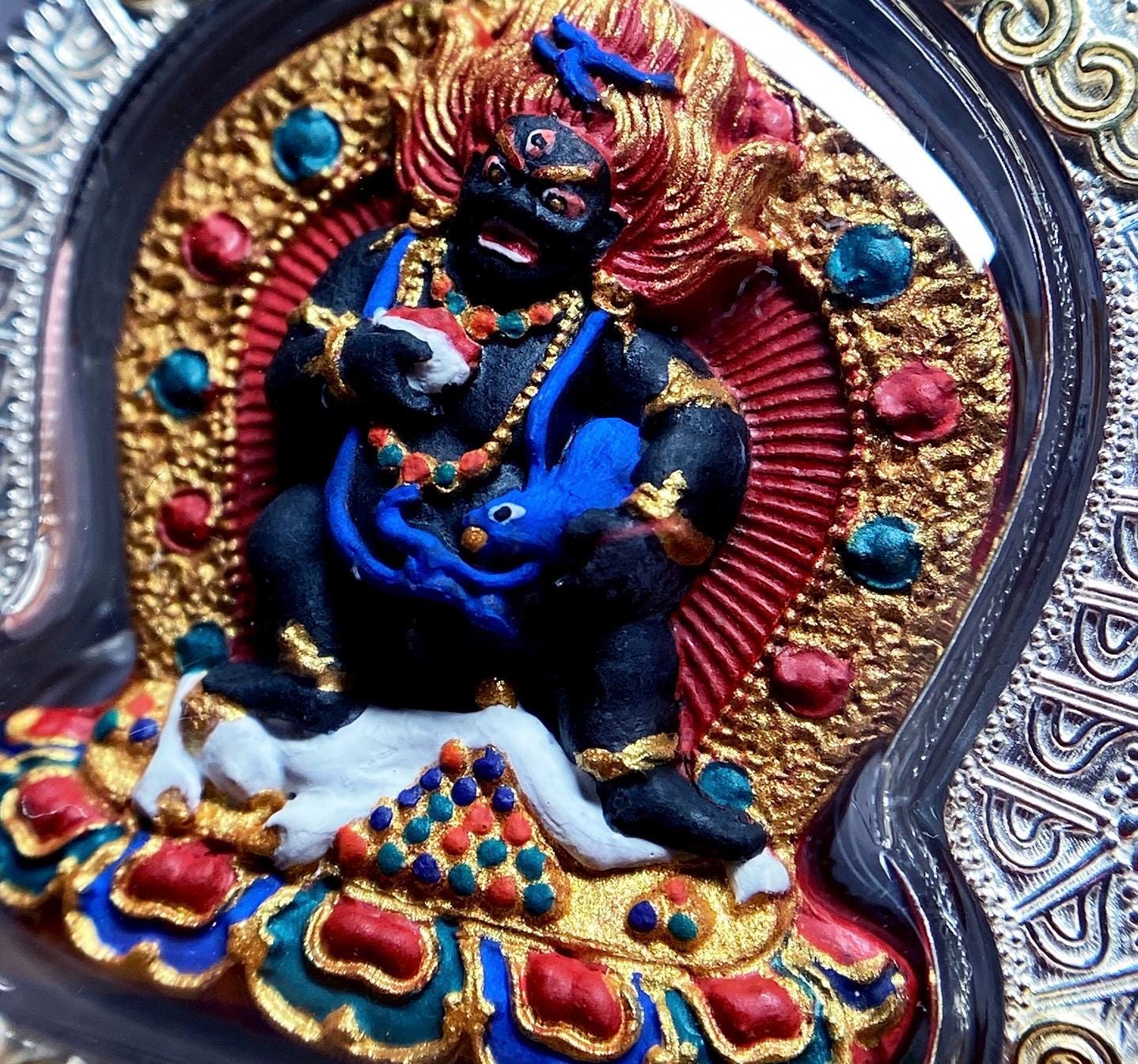 Hand-painted Black Jambhala Medicine Tsatsa Pendant, Sterling Silver Gau Box Necklace, Tibetan Buddhist Mineral Pigment Art