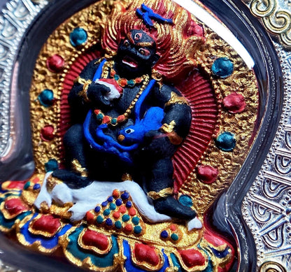 Hand-painted Black Jambhala Medicine Tsatsa Pendant, Sterling Silver Gau Box Necklace, Tibetan Buddhist Mineral Pigment Art