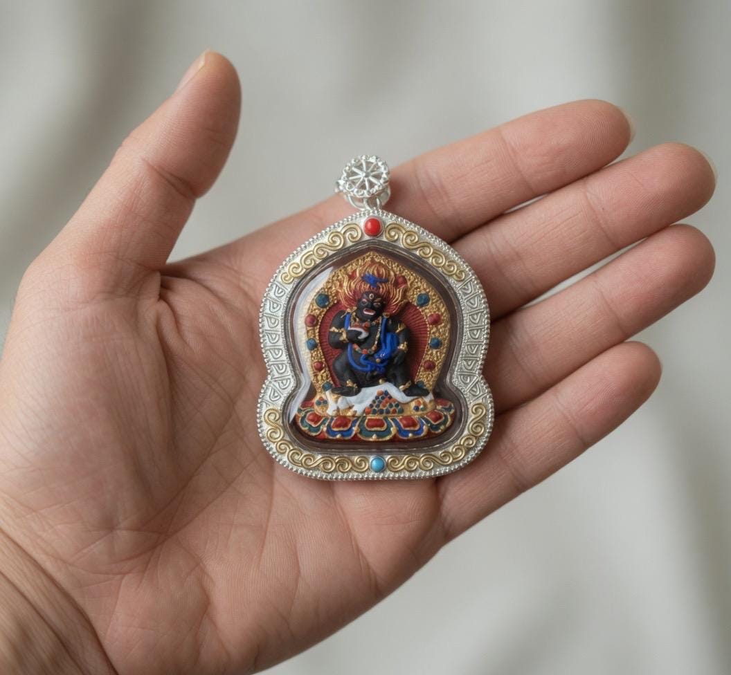 Hand-painted Black Jambhala Medicine Tsatsa Pendant, Sterling Silver Gau Box Necklace, Tibetan Buddhist Mineral Pigment Art