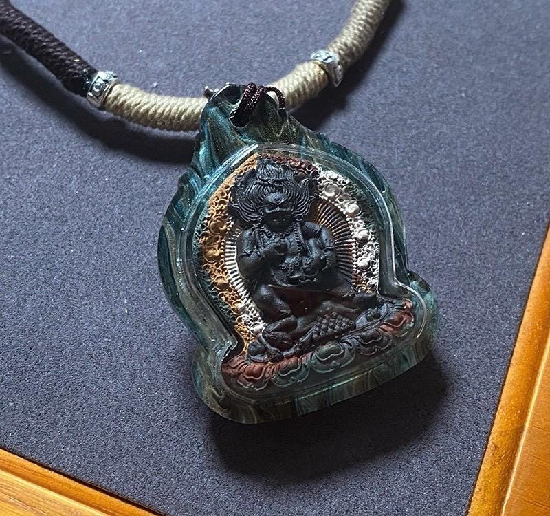 Handmade Black Jambhala Tsa Tsa Necklace, Tibetan Buddhist Gau Box Pendant, Miniature Thangka Amulet, Wealth & Prosperity Protector Gift