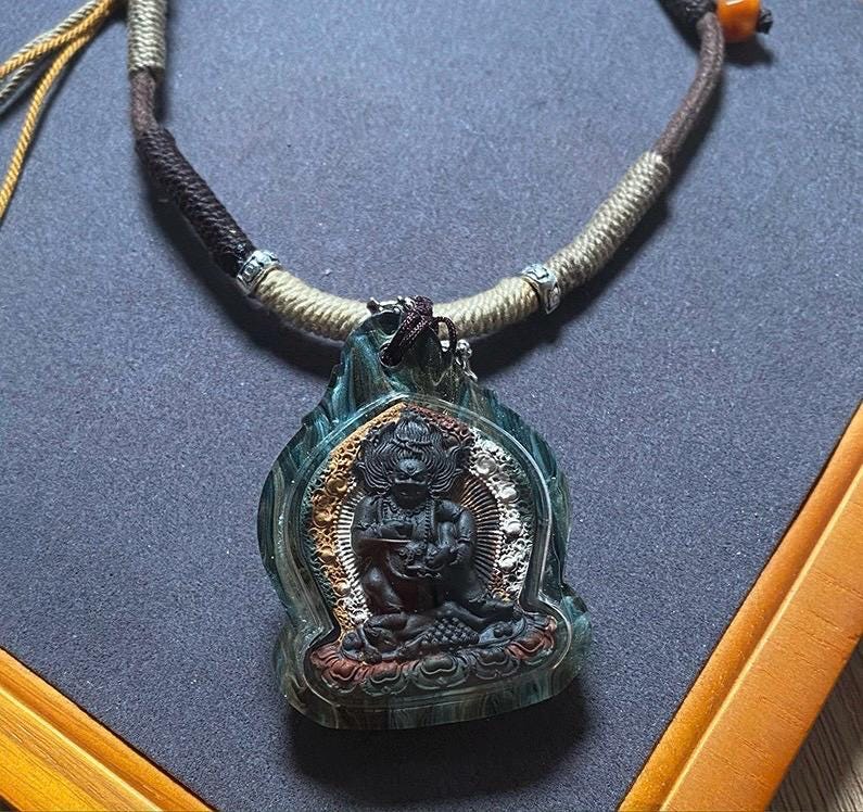 Handmade Black Jambhala Tsa Tsa Necklace, Tibetan Buddhist Gau Box Pendant, Miniature Thangka Amulet, Wealth & Prosperity Protector Gift