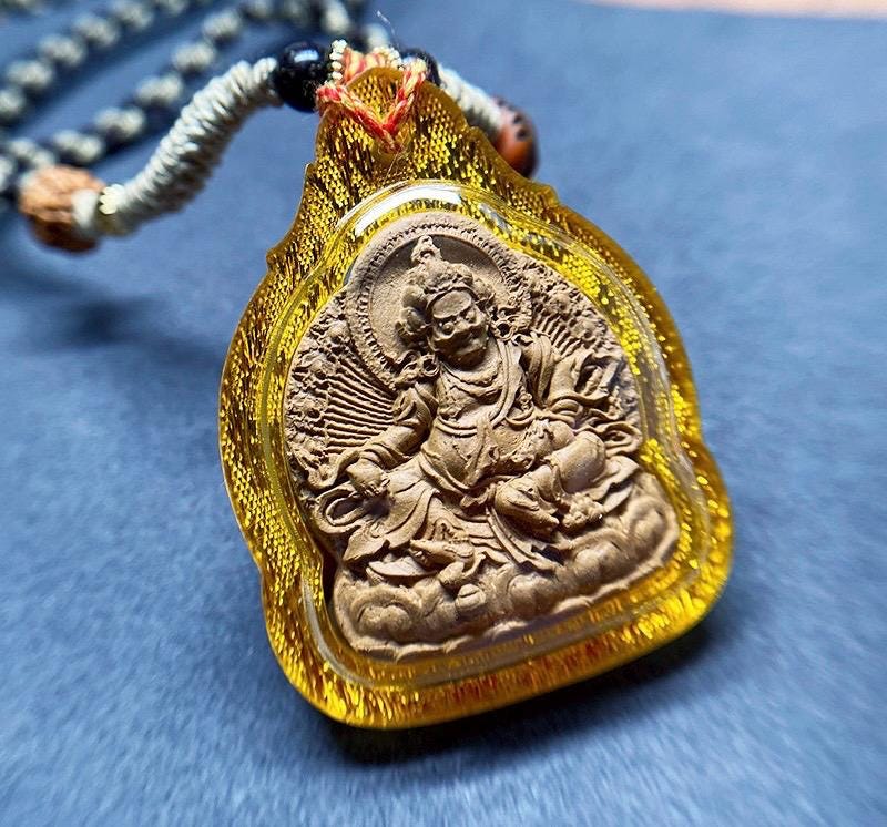Tibetan Yellow Jambhala Medicine Tsa Tsa Pendant Necklace, Handcrafted Gau Box Amulet, Buddhist Buddha Statue Thangka Charm, Spiritual Gift