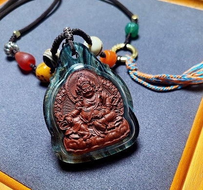 Tibetan Yellow Jambhala Medicine Tsa Tsa Pendant Necklace, Handcrafted Gau Box Amulet, Buddhist Buddha Statue Thangka Charm, Spiritual Gift