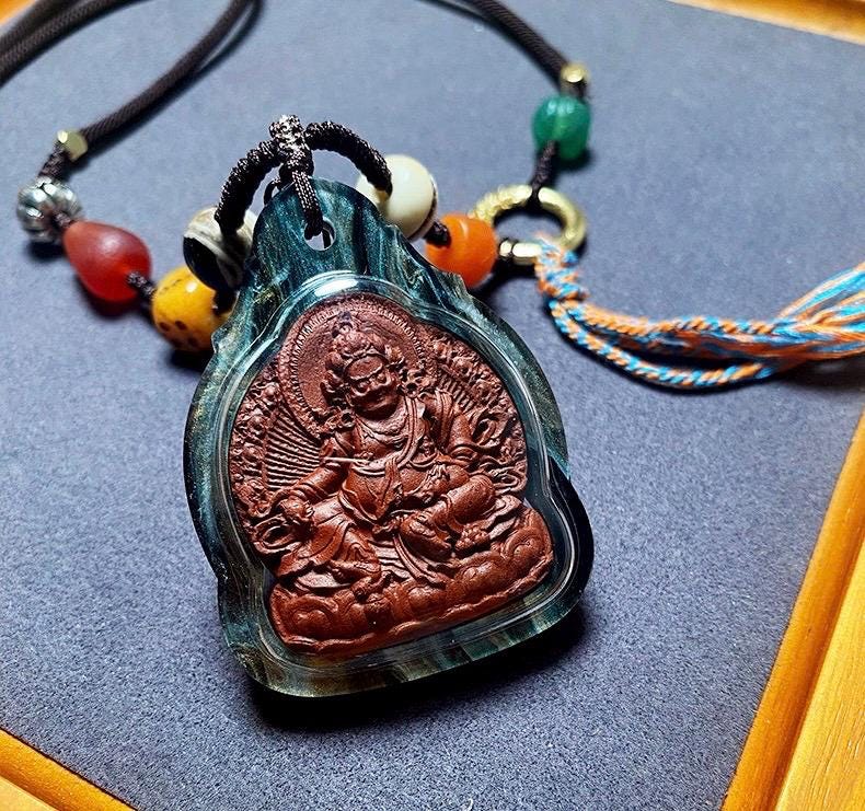 Tibetan Yellow Jambhala Medicine Tsa Tsa Pendant Necklace, Handcrafted Gau Box Amulet, Buddhist Buddha Statue Thangka Charm, Spiritual Gift