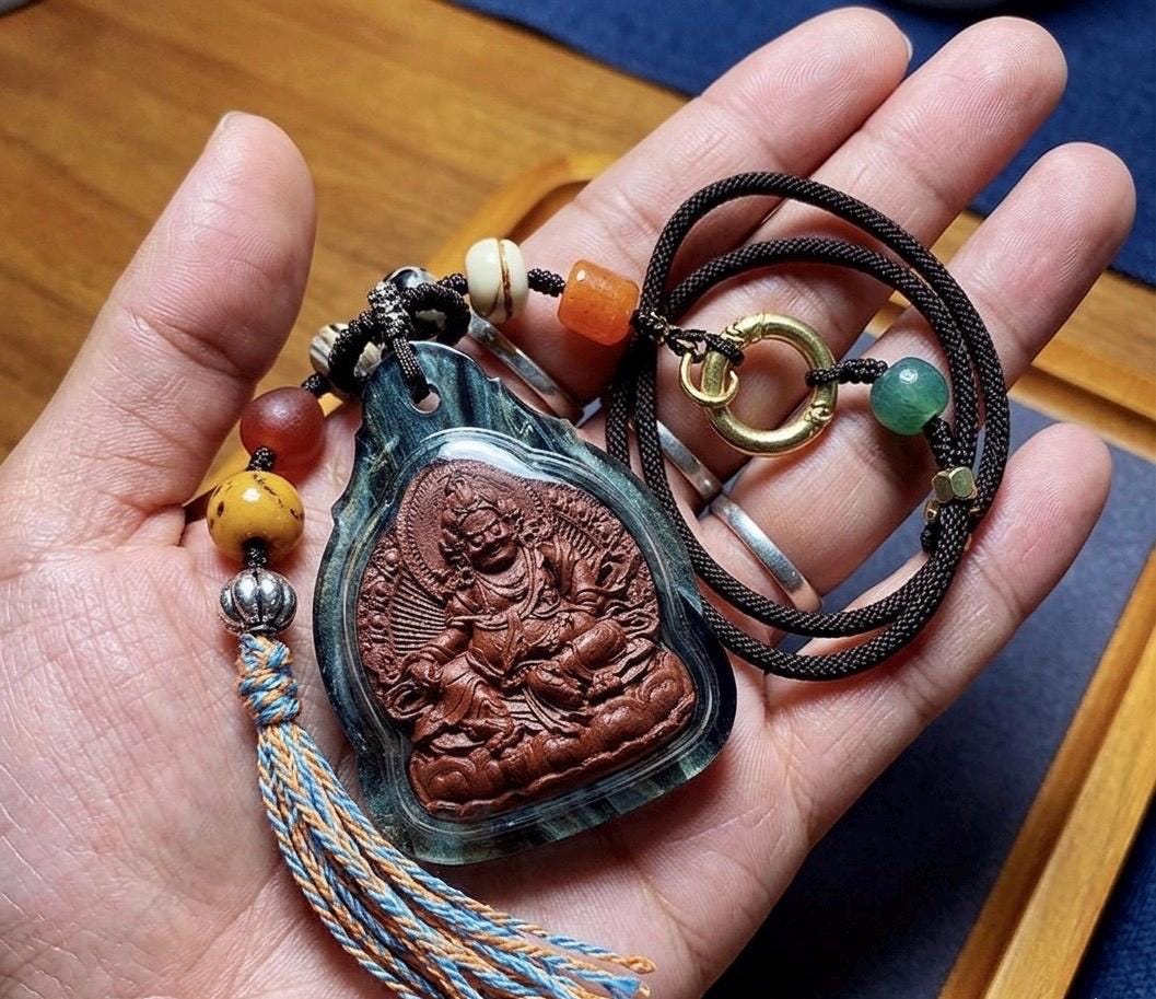 Tibetan Yellow Jambhala Medicine Tsa Tsa Pendant Necklace, Handcrafted Gau Box Amulet, Buddhist Buddha Statue Thangka Charm, Spiritual Gift