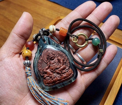 Tibetan Yellow Jambhala Medicine Tsa Tsa Pendant Necklace, Handcrafted Gau Box Amulet, Buddhist Buddha Statue Thangka Charm, Spiritual Gift