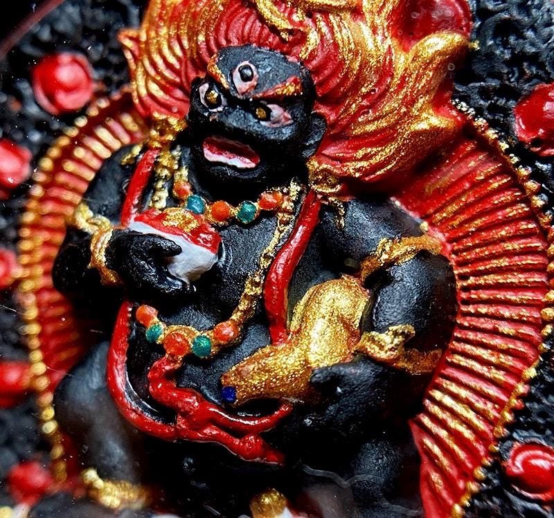 Hand-Painted Black Jambhala Tibetan Tsa Tsa Pendant, Mineral Pigment Buddhist Necklace, Spiritual Amulet for Wealth & Protection, Zen Gift