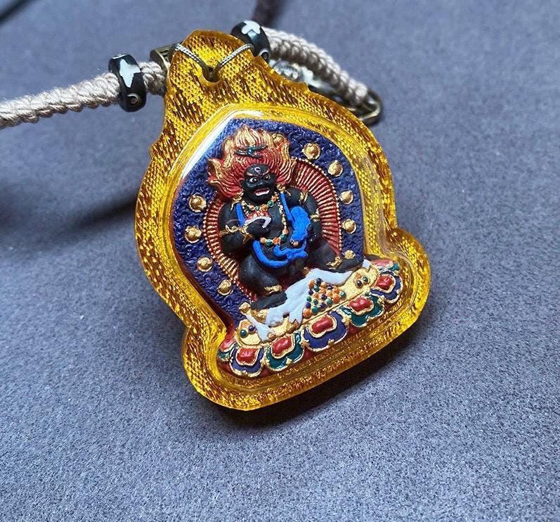 Hand-Painted Black Jambhala Tibetan Tsa Tsa Pendant, Mineral Pigment Buddhist Necklace, Spiritual Amulet for Wealth & Protection, Zen Gift