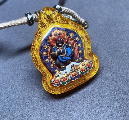 Hand-Painted Black Jambhala Tibetan Tsa Tsa Pendant, Mineral Pigment Buddhist Necklace, Spiritual Amulet for Wealth & Protection, Zen Gift