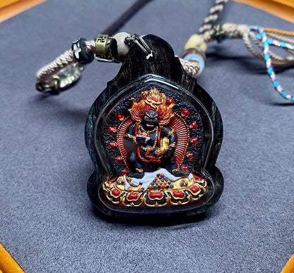 Hand-Painted Black Jambhala Tibetan Tsa Tsa Pendant, Mineral Pigment Buddhist Necklace, Spiritual Amulet for Wealth & Protection, Zen Gift