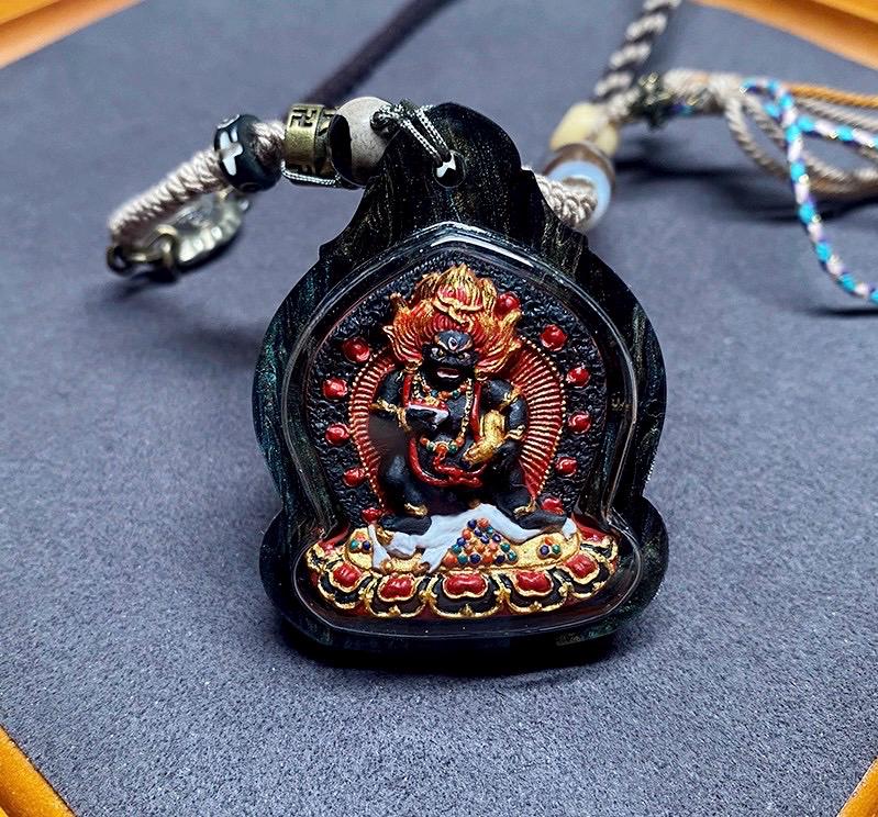 Hand-Painted Black Jambhala Tibetan Tsa Tsa Pendant, Mineral Pigment Buddhist Necklace, Spiritual Amulet for Wealth & Protection, Zen Gift