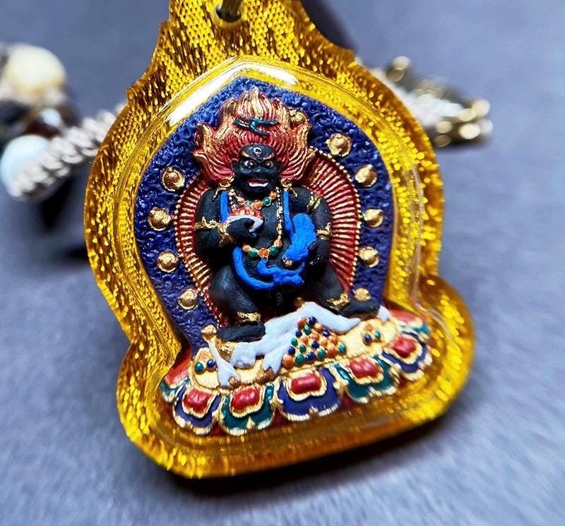 Hand-Painted Black Jambhala Tibetan Tsa Tsa Pendant, Mineral Pigment Buddhist Necklace, Spiritual Amulet for Wealth & Protection, Zen Gift