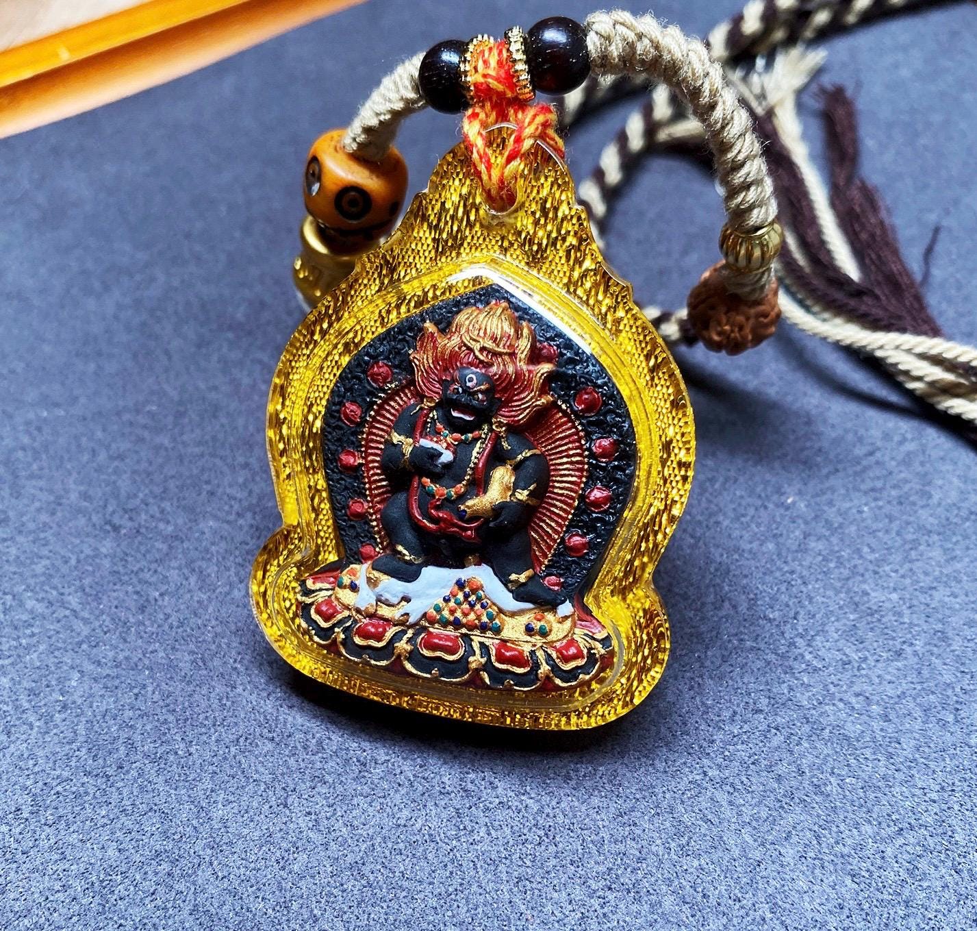 Hand-Painted Black Jambhala Tibetan Tsa Tsa Pendant, Mineral Pigment Buddhist Necklace, Spiritual Amulet for Wealth & Protection, Zen Gift