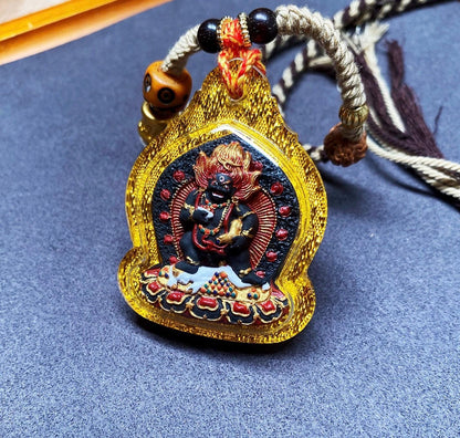 Hand-Painted Black Jambhala Tibetan Tsa Tsa Pendant, Mineral Pigment Buddhist Necklace, Spiritual Amulet for Wealth & Protection, Zen Gift