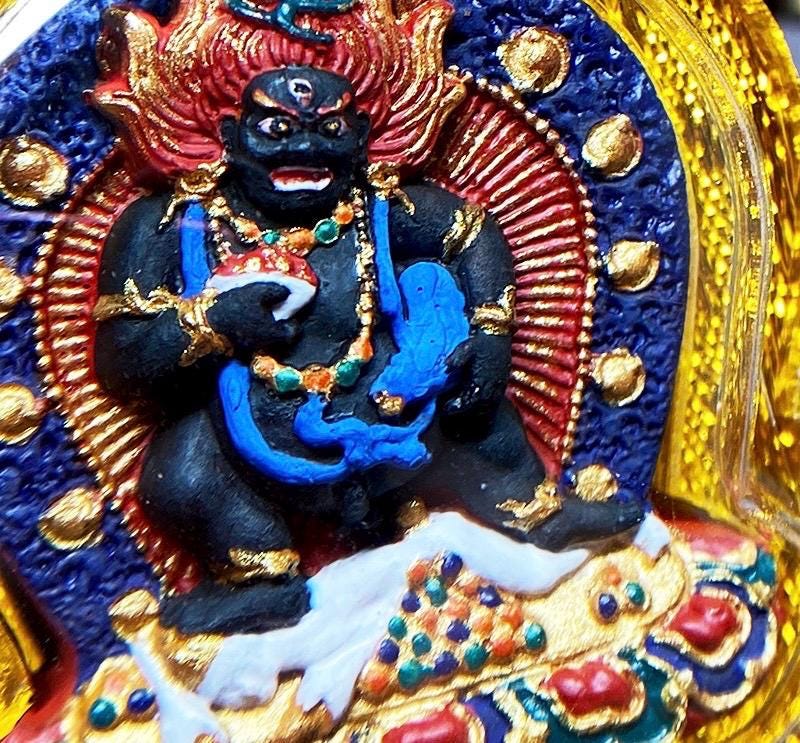 Hand-Painted Black Jambhala Tibetan Tsa Tsa Pendant, Mineral Pigment Buddhist Necklace, Spiritual Amulet for Wealth & Protection, Zen Gift