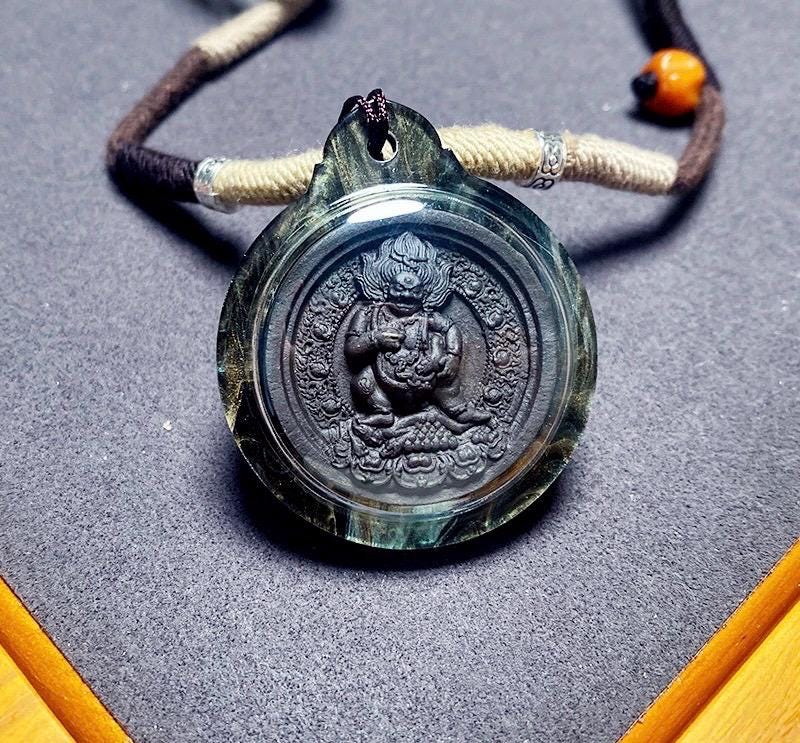 Black Jambhala Medicine Tsa Tsa Amulet Pendant, Tibetan Buddhist Gawu Box Necklace, Tantric Protection Jewelry for Wealth & Healing, Zen Gif
