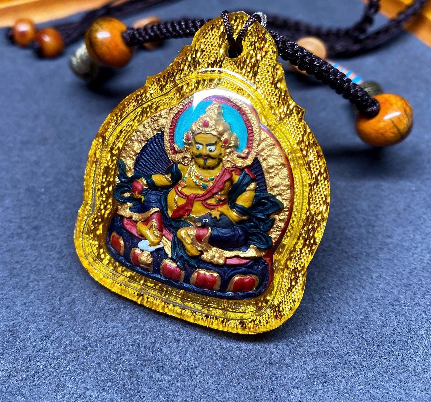 Hand-Painted Yellow Jambhala Thangka Pendant, Mineral Pigments Tibetan Buddhist Tsa Tsa Necklace, Spiritual Protection Amulet, Zen Jewelry