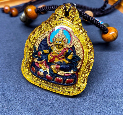 Hand-Painted Yellow Jambhala Thangka Pendant, Mineral Pigments Tibetan Buddhist Tsa Tsa Necklace, Spiritual Protection Amulet, Zen Jewelry