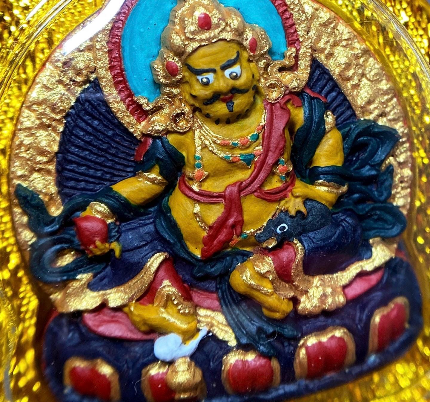 Hand-Painted Yellow Jambhala Thangka Pendant, Mineral Pigments Tibetan Buddhist Tsa Tsa Necklace, Spiritual Protection Amulet, Zen Jewelry