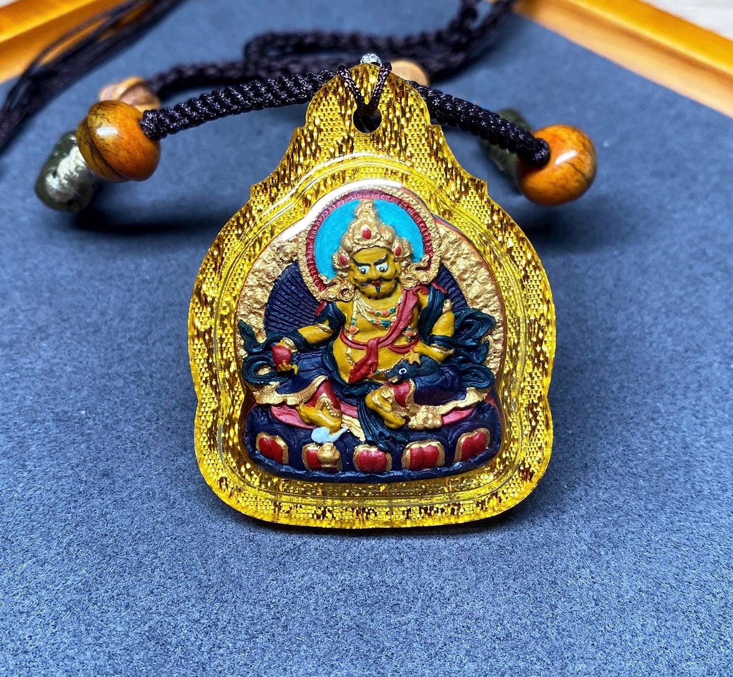 Hand-Painted Yellow Jambhala Thangka Pendant, Mineral Pigments Tibetan Buddhist Tsa Tsa Necklace, Spiritual Protection Amulet, Zen Jewelry
