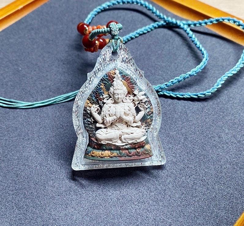 Four-Arm Guanyin Multi-Color Tsa Tsa Pendant Tibetan Gauri Box Necklace Buddhist Amulet Thangka Art Jewelry Spiritual Gift for Protection