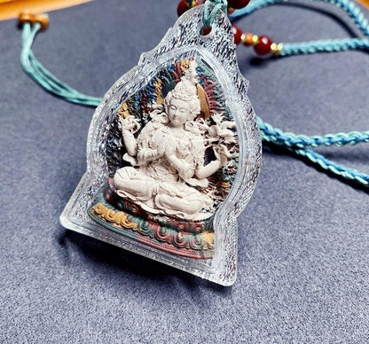 Four-Arm Guanyin Multi-Color Tsa Tsa Pendant Tibetan Gauri Box Necklace Buddhist Amulet Thangka Art Jewelry Spiritual Gift for Protection