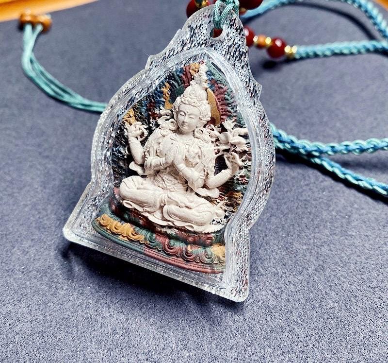 Four-Arm Guanyin Multi-Color Tsa Tsa Pendant Tibetan Gauri Box Necklace Buddhist Amulet Thangka Art Jewelry Spiritual Gift for Protection