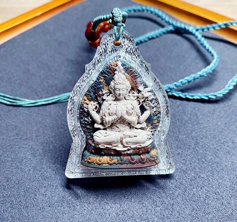 Four-Arm Guanyin Multi-Color Tsa Tsa Pendant Tibetan Gauri Box Necklace Buddhist Amulet Thangka Art Jewelry Spiritual Gift for Protection