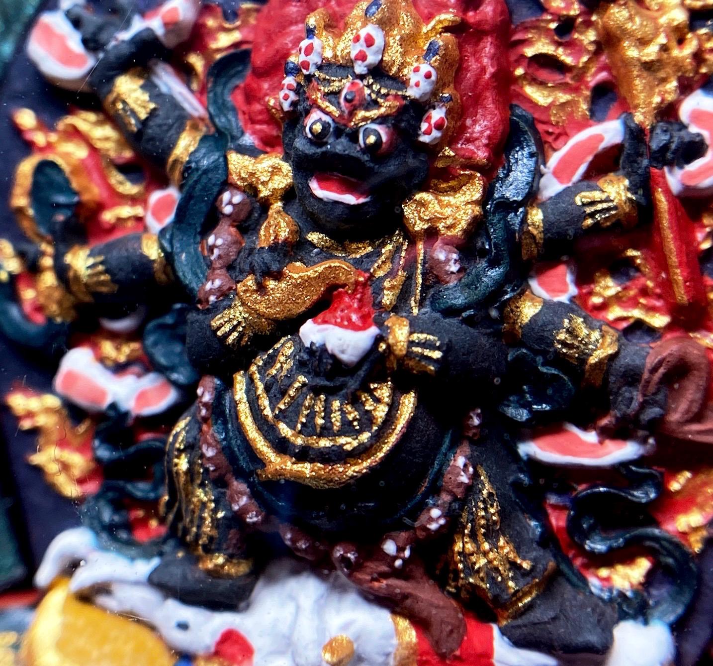 Hand-Painted Mahakala Tsa Tsa Necklace Pendant Mineral Pigment Tibetan Thangka Art Buddhist Amulet Small Six-Armed Mahakala Spiritual Gift