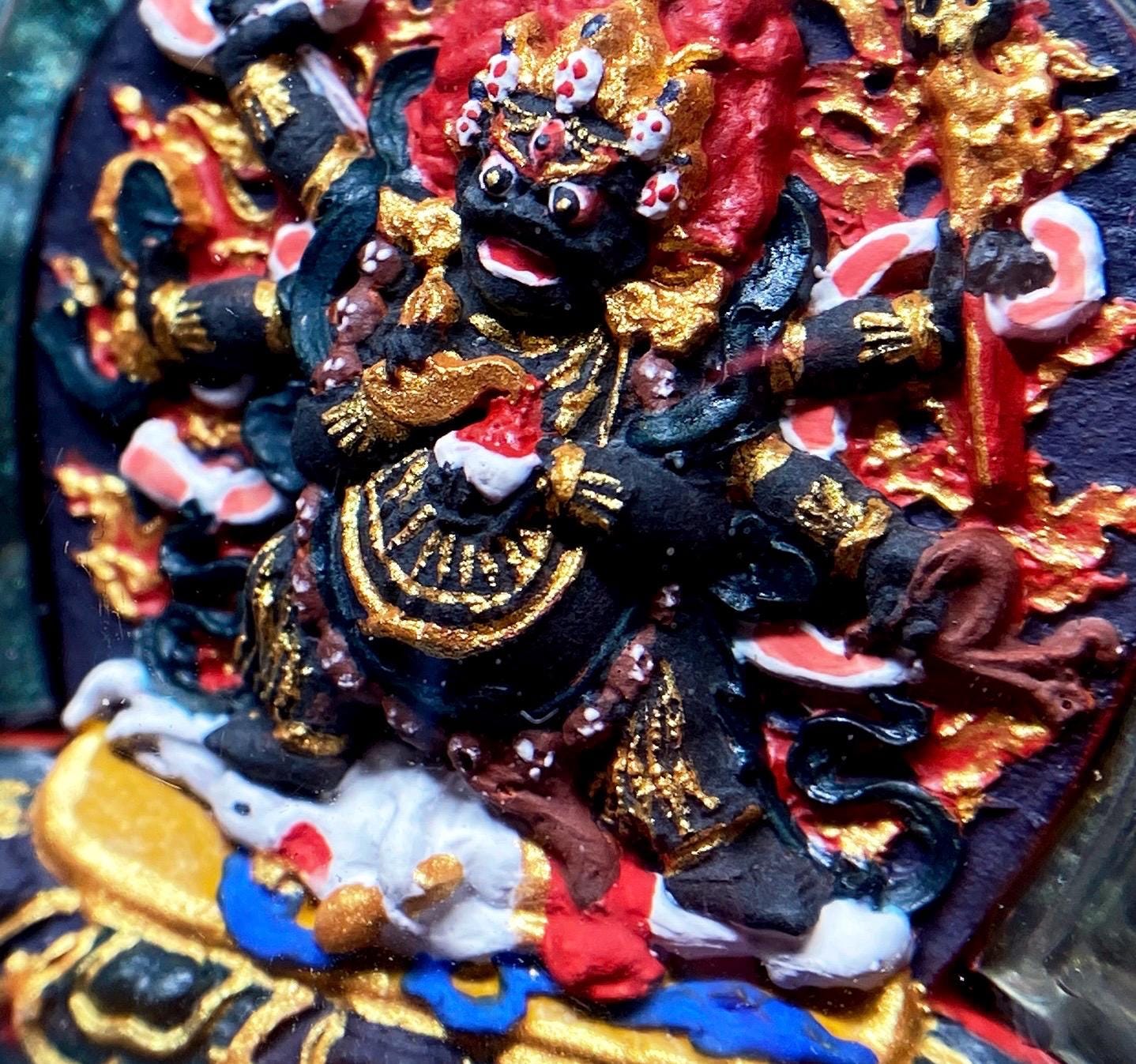 Hand-Painted Mahakala Tsa Tsa Necklace Pendant Mineral Pigment Tibetan Thangka Art Buddhist Amulet Small Six-Armed Mahakala Spiritual Gift