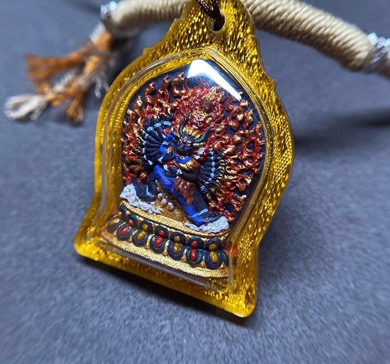 Tibetan Yamantaka Mini Thangka Pendant, Hand-painted Mineral Pigment Tsatsa, Vajrabhairava Buddhist Amulet Necklace, Sacred Himalayan Art