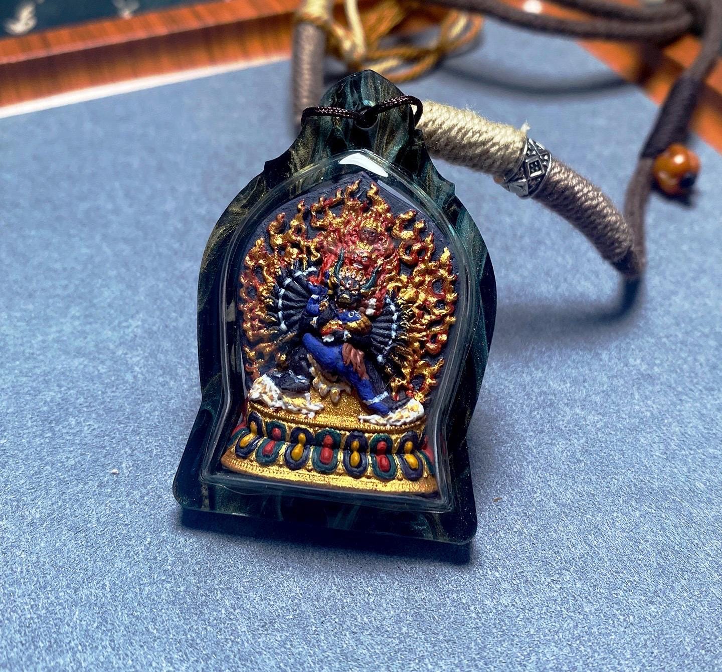 Tibetan Yamantaka Mini Thangka Pendant, Hand-painted Mineral Pigment Tsatsa, Vajrabhairava Buddhist Amulet Necklace, Sacred Himalayan Art