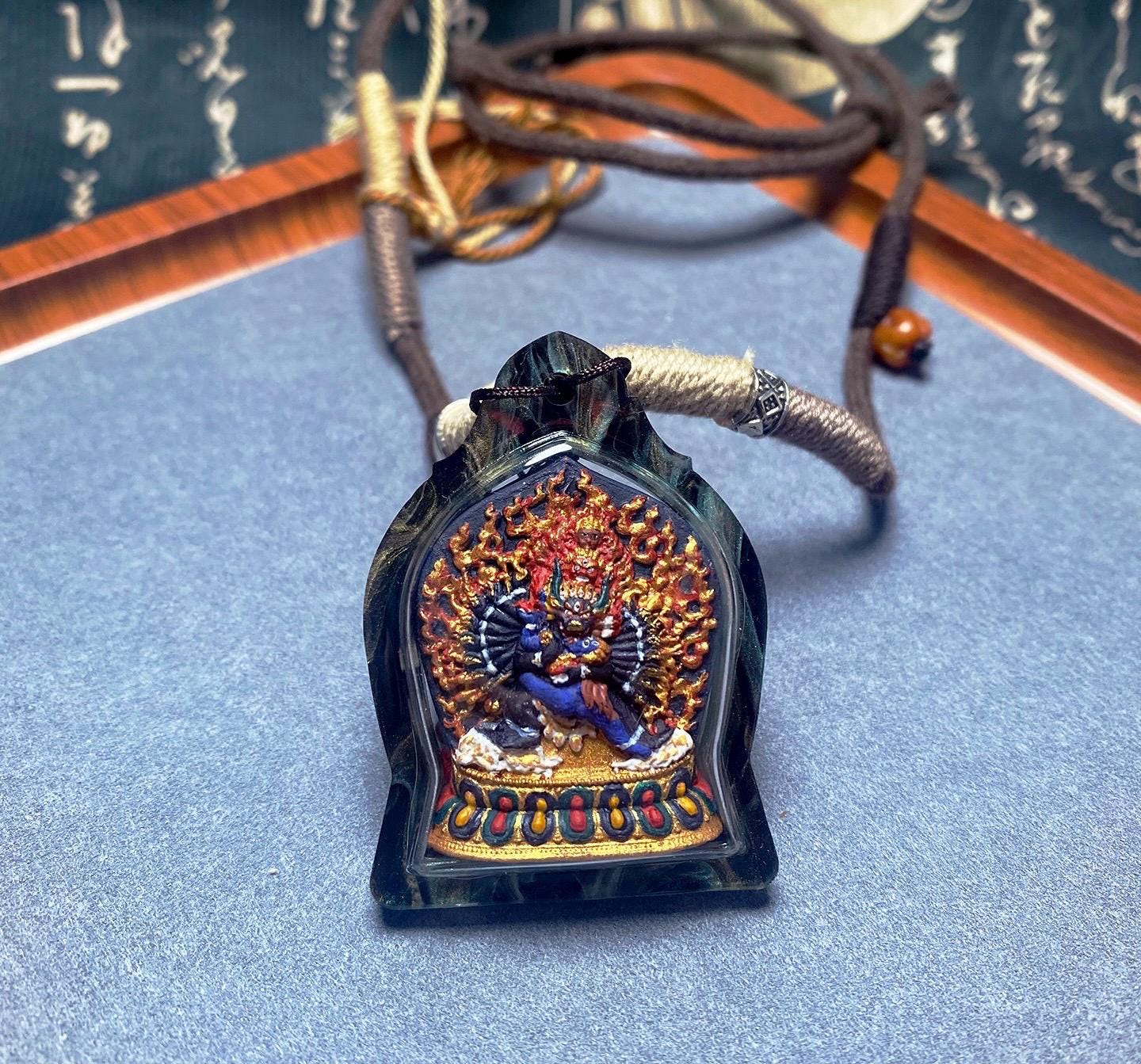 Tibetan Yamantaka Mini Thangka Pendant, Hand-painted Mineral Pigment Tsatsa, Vajrabhairava Buddhist Amulet Necklace, Sacred Himalayan Art