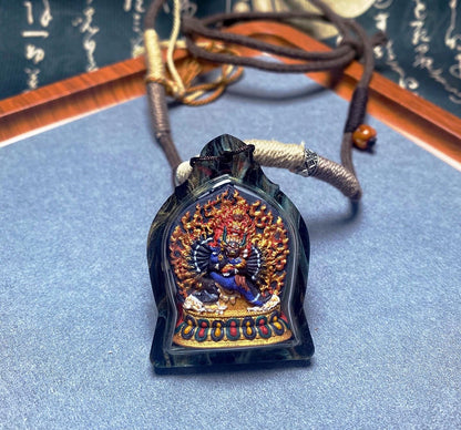 Tibetan Yamantaka Mini Thangka Pendant, Hand-painted Mineral Pigment Tsatsa, Vajrabhairava Buddhist Amulet Necklace, Sacred Himalayan Art