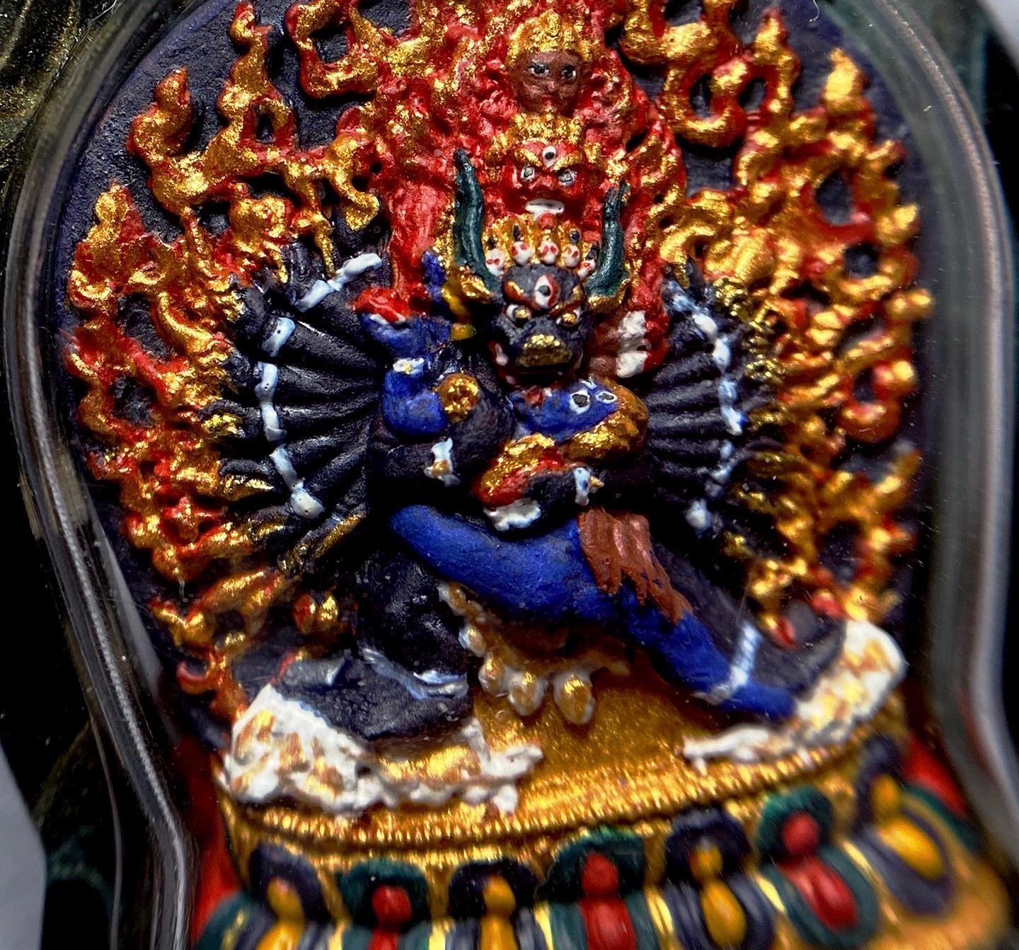Tibetan Yamantaka Mini Thangka Pendant, Hand-painted Mineral Pigment Tsatsa, Vajrabhairava Buddhist Amulet Necklace, Sacred Himalayan Art