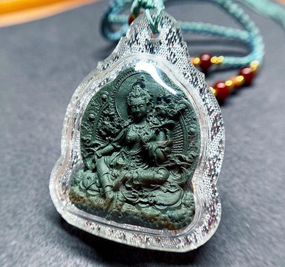 Handmade Green Tara Tsa Tsa Pendant, Tibetan Gau Box Necklace, Buddhist Amulet, Himalayan Sacred Art, Spiritual Jewelry, Meditation Gift