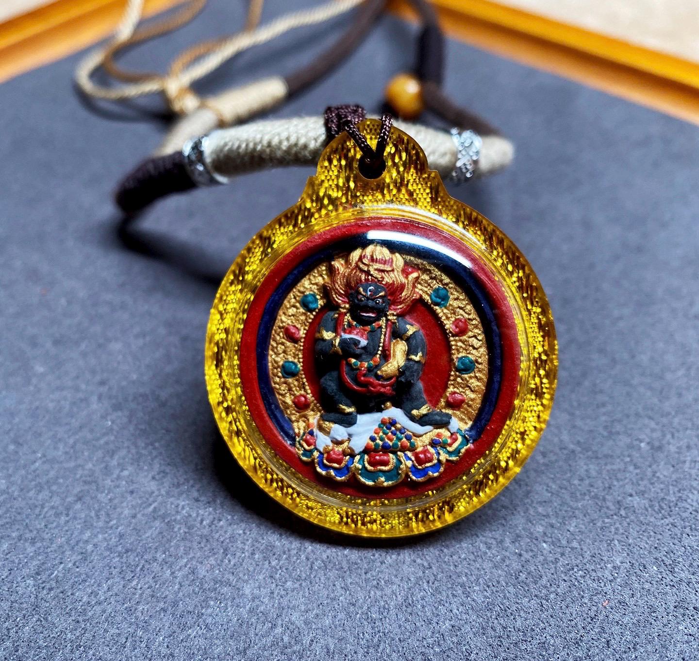 Hand-Painted Black Jambhala Medicine Tsa Tsa Necklace, Tibetan Buddhist Thangka Amulet, Mineral Pigment Folk Art, Spiritual Gift for Wealth