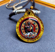 Hand-Painted Black Jambhala Medicine Tsa Tsa Necklace, Tibetan Buddhist Thangka Amulet, Mineral Pigment Folk Art, Spiritual Gift for Wealth