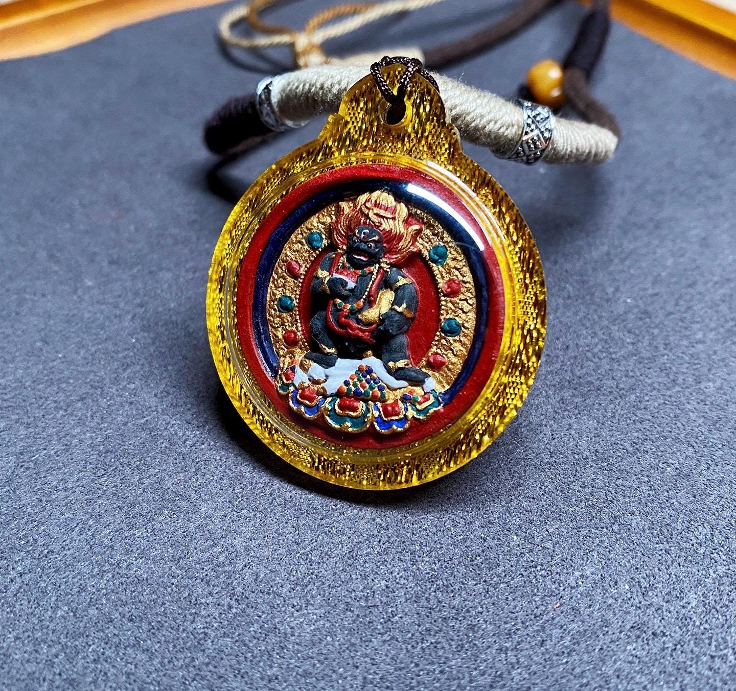 Hand-Painted Black Jambhala Medicine Tsa Tsa Necklace, Tibetan Buddhist Thangka Amulet, Mineral Pigment Folk Art, Spiritual Gift for Wealth