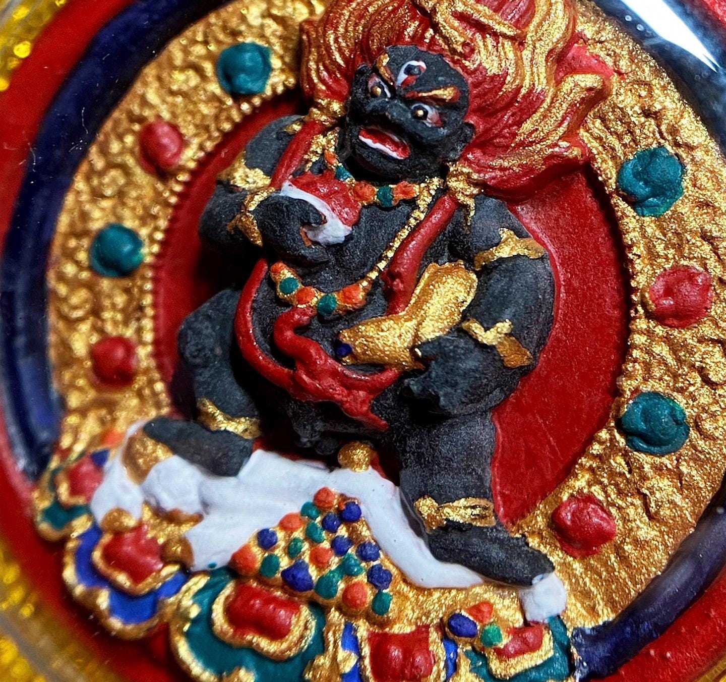Hand-Painted Black Jambhala Medicine Tsa Tsa Necklace, Tibetan Buddhist Thangka Amulet, Mineral Pigment Folk Art, Spiritual Gift for Wealth