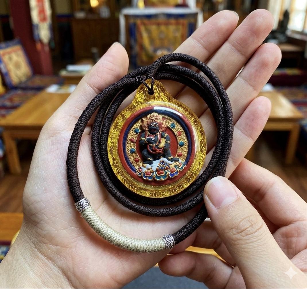 Hand-Painted Black Jambhala Medicine Tsa Tsa Necklace, Tibetan Buddhist Thangka Amulet, Mineral Pigment Folk Art, Spiritual Gift for Wealth