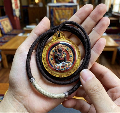 Hand-Painted Black Jambhala Medicine Tsa Tsa Necklace, Tibetan Buddhist Thangka Amulet, Mineral Pigment Folk Art, Spiritual Gift for Wealth